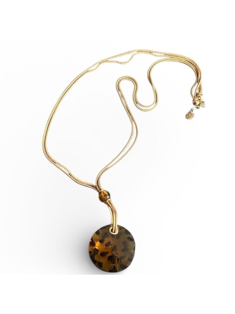 Tortoise Disk Medallion Necklace on Long Double Gold Tone Braided Chain MW Mark